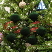 Set Of 6 Dark Green Velvet Flocked Baubles