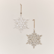 Set of 2 Large White & Rustic Wooden Hanging Christmas Snowflakes