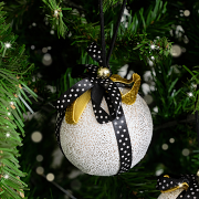 Set of 3 Round White & Black Gold Ribbon Baubles