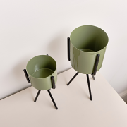 Set of 2 Sage Green Metal Planter Pots with Stand