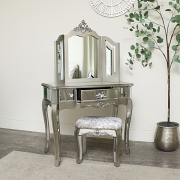 Ornate Mirrored 3 Drawer Dressing Table, Stool and Mirror Bedroom Furniture Set - Tiffany Range