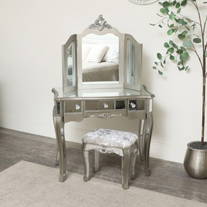 Ornate Mirrored 3 Drawer Dressing Table, Stool and Mirror Bedroom Furniture Set - Tiffany Range