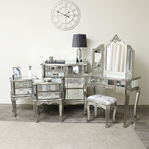 Silver Mirrored Bedroom Furniture, Chest of Drawers, Dressing Table Set & Bedside Tables - Tiffany Range