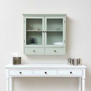 Sage Green Reeded Glass Wall Cabinet with Drawers