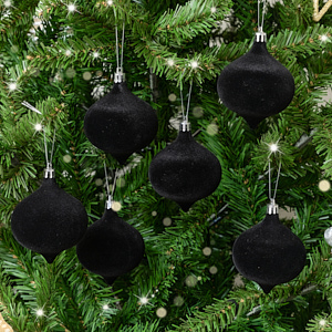 Set of 6 Black Round Flocked Baubles