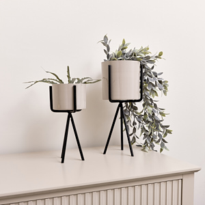 Set of 2 Taupe Metal Planter Pots with Stand