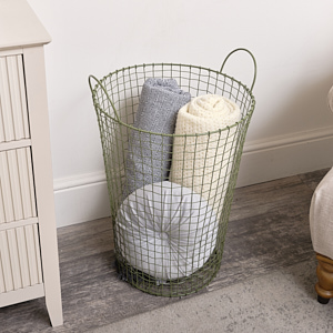 Large Olive Green Metal Wire Storage / Laundry Basket